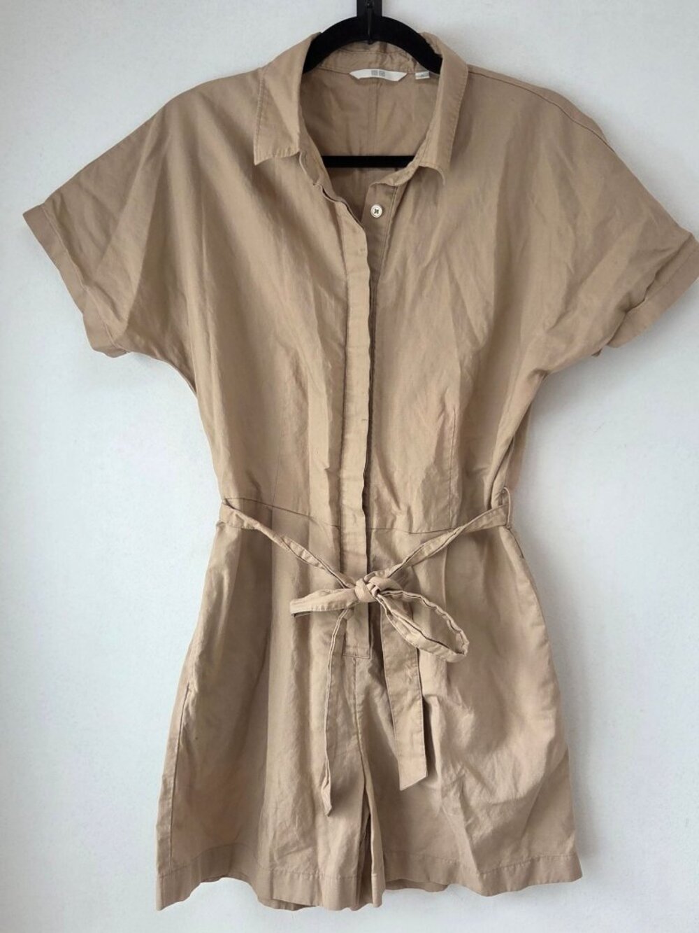 Uniqlo Linen Blend Tan Utility Romper Wardrobe Basic Safari Women's M